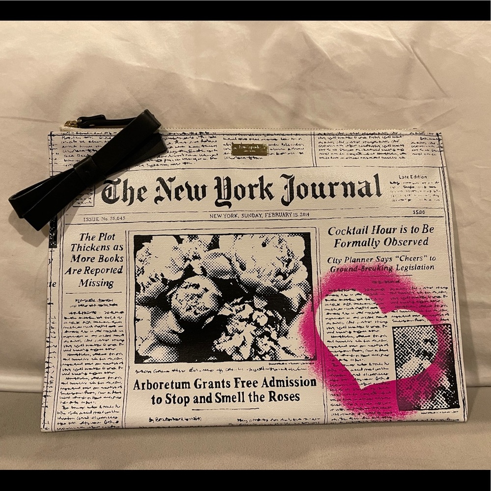 kate spade Newspaper Print Clutch with Pink Heart